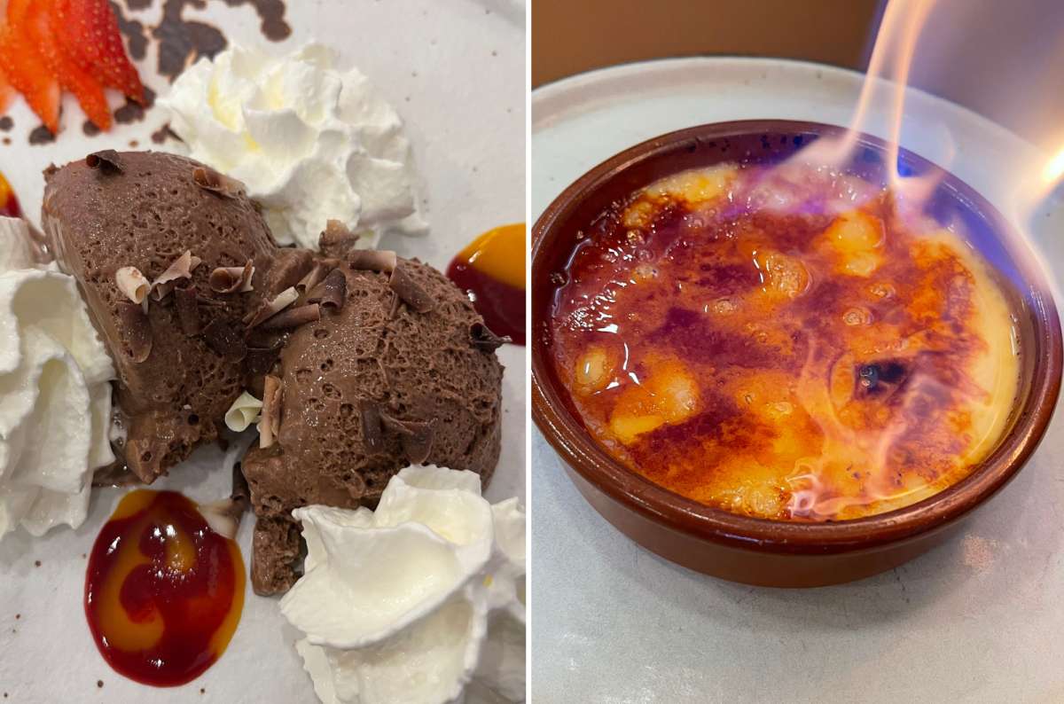 Desserts at Bistro Christophe in Bruges – rich chocolate mousse with whipped cream and fresh fruit, and a crème brûlée being torched, photo by Next Level of Travel