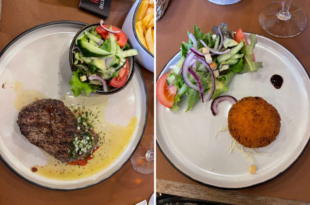 Main courses at Bistro Christophe in Bruges – steak with herb butter and salad, and a croquette with mixed greens, photo by Next Level of Travel