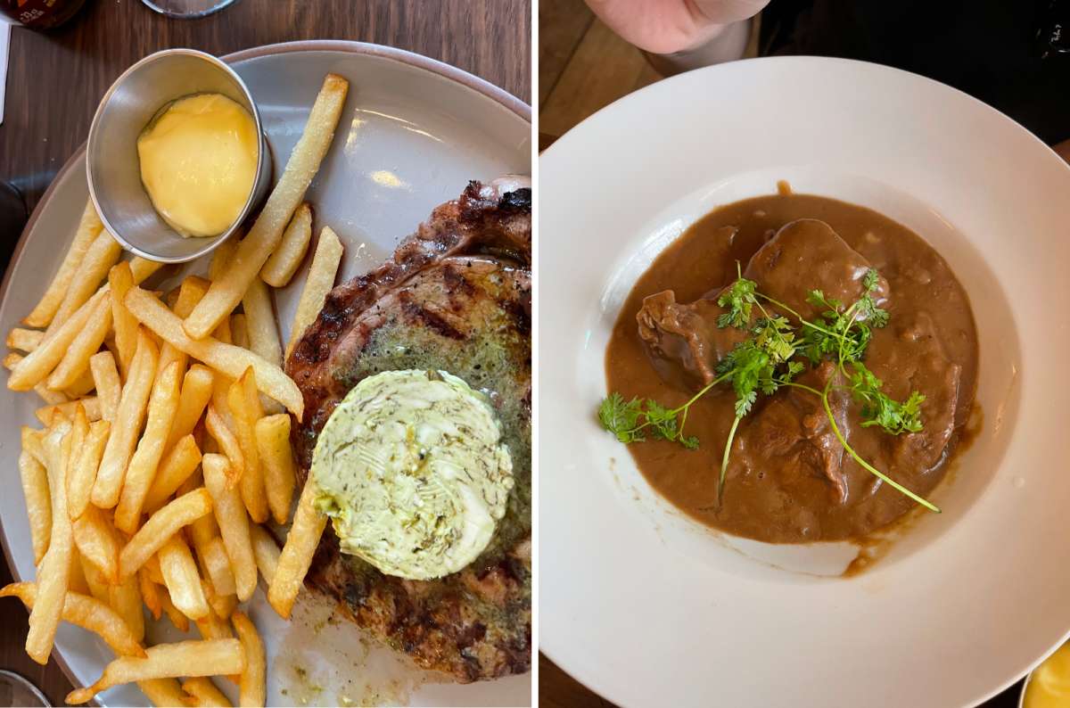 Plates of classic Belgian dishes including steak with fries and butter, and beef stew with herbs, served at Nüetnigenough restaurant in Brussels, Belgium, photo by Next Level of Travel.