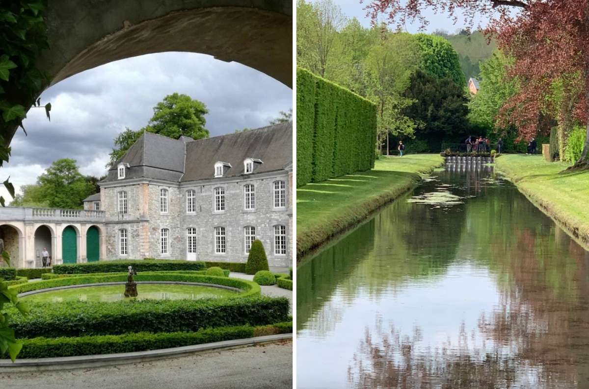 a collage of photos from Les Jardins d’Annevoie displaying the beautiful green scenery, Belgium