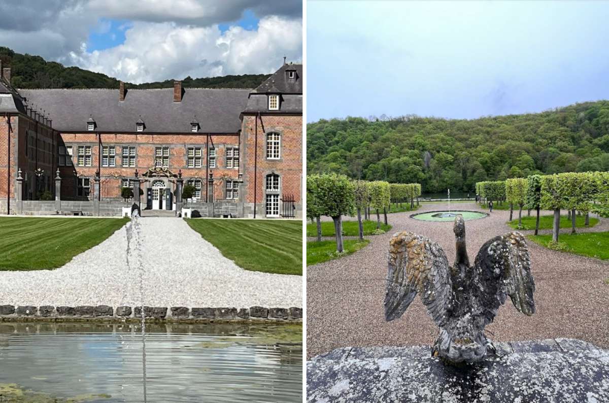 a collage of photos of the Renaissance Castle of Freÿr displaying the majestic architecture and beautiful surrounding areas, Belgium