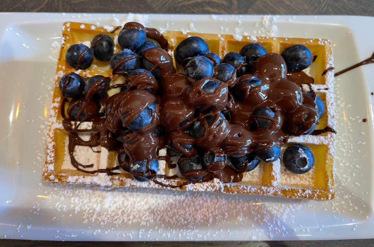 a photo of a Belgian waffle topped with blueberries and Nutella spread, Belgium, photo by Next Level of Travel