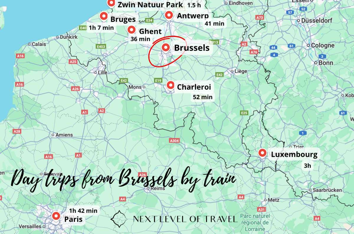 A map of all the cities mentioned in this Belgium travel guide, map by Next Level of Travel