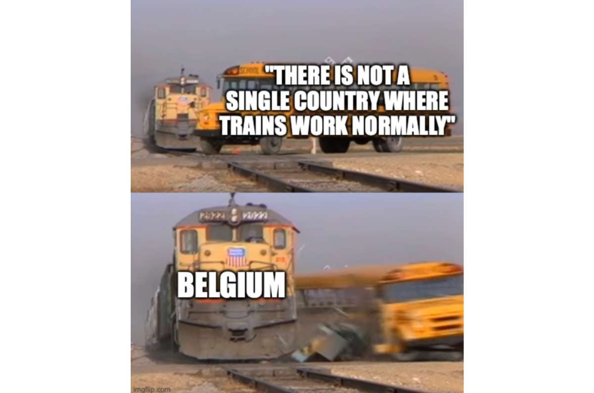 a meme of a train hitting a bus saying that belgium is one of the few countries providing reliable train commute 