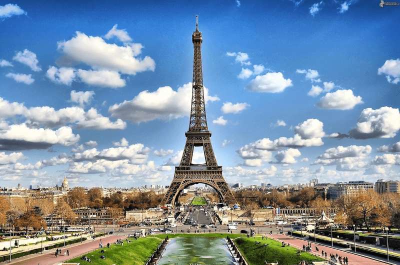A view of the Eiffel Tower in Paris on a sunny day