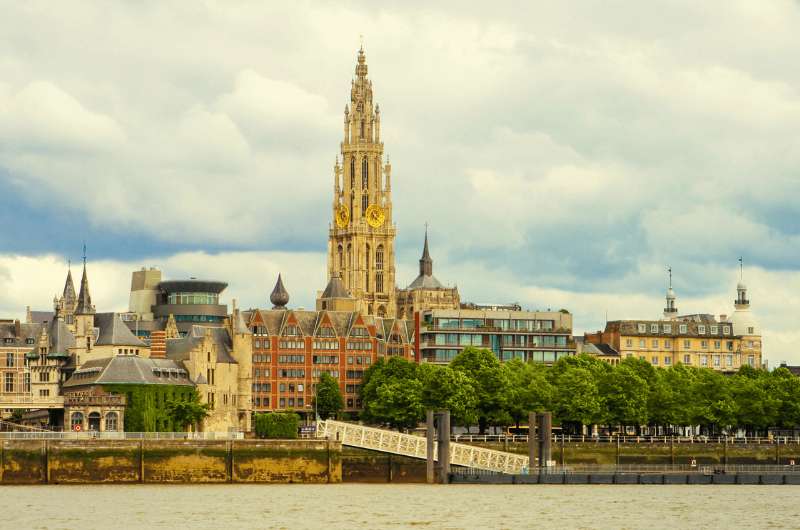 Central Antwerp from a distance with the Cathedral of Our Lady tower looming over the city