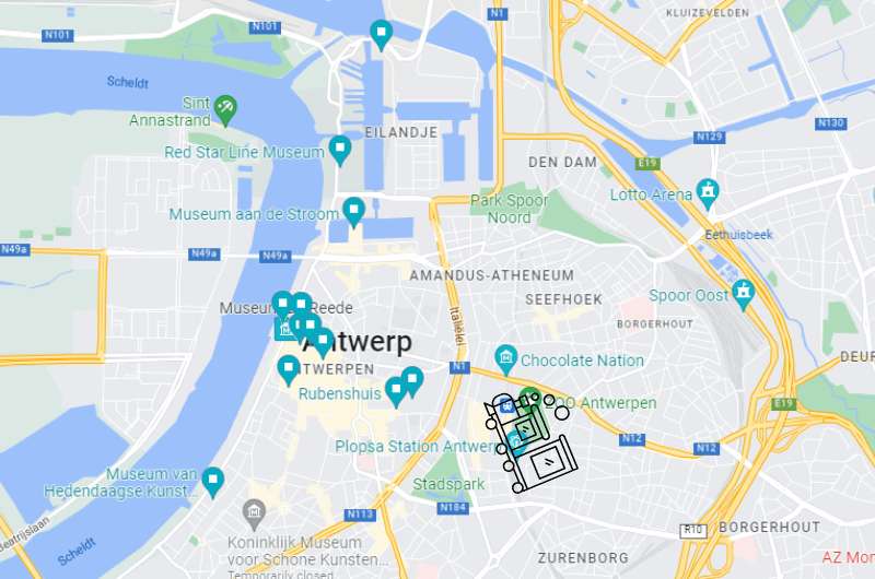 Map of Antwerp city center showing highlights and train station location, Belgium day trips