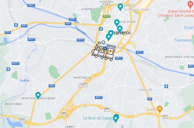 Map of Charleroi city center showing highlights and train station location, Belgium day trips