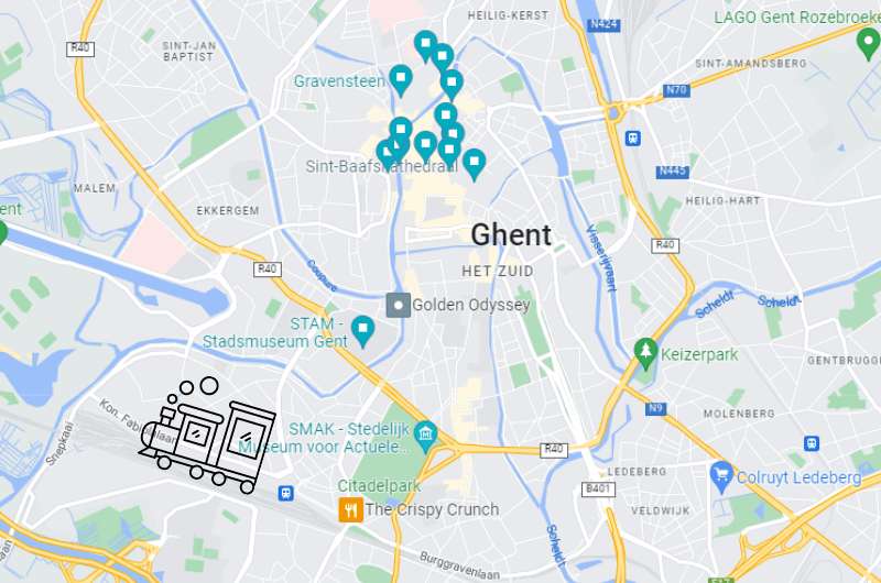 Map of Ghent city center showing highlights and train station location, Belgium day trips