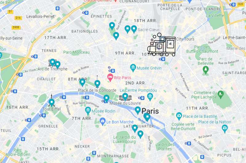 Map of Paris with the highlights and train station location when visiting as a day trip from Brussels