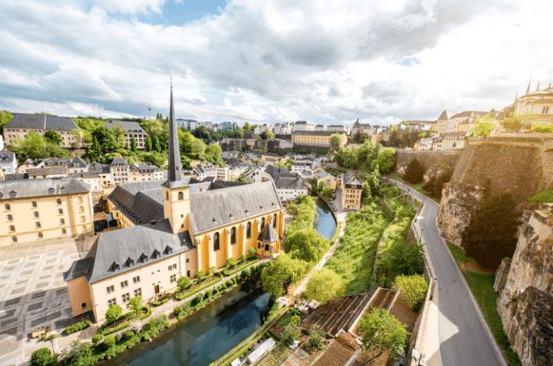 The Grund neighborhood of Luxembourg City, view from the city walls