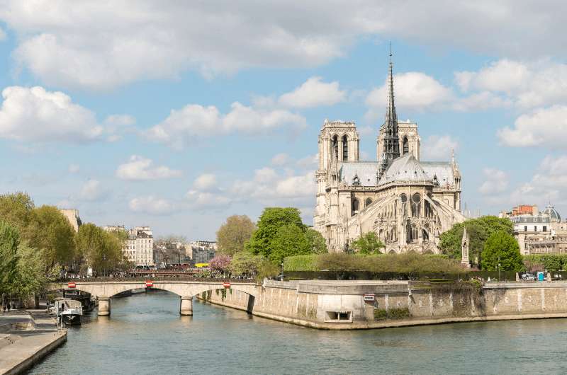 The Seine river and the Notre Dame on the island in Paris, France