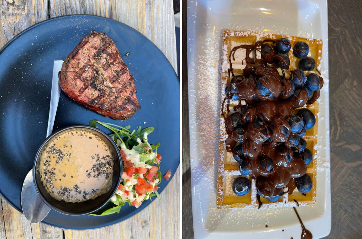 a photo of a steak with sauce and vegetable salad next to a photo of a traditional belgian waffle with blueberries and nutella drizzle, Ghent, Belgium, photo by Next Level of Travel