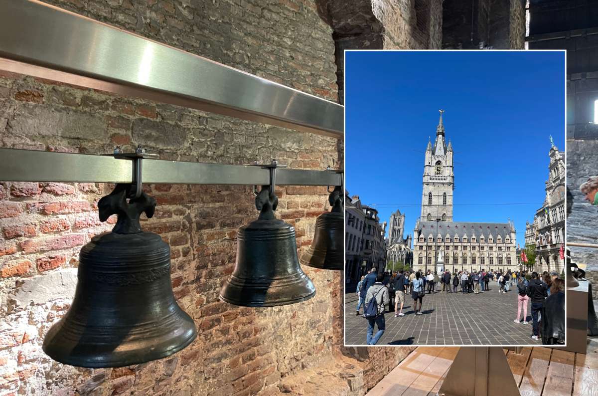 Interior bells and exterior view of the Belfry of Ghent, Belgium, photo by Next Level of Travel.
