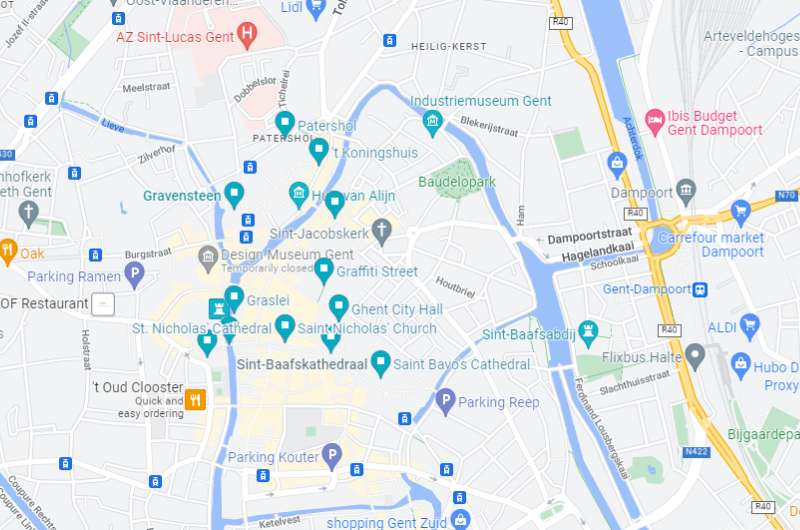 Map of central Ghent and the best things to do in Ghent