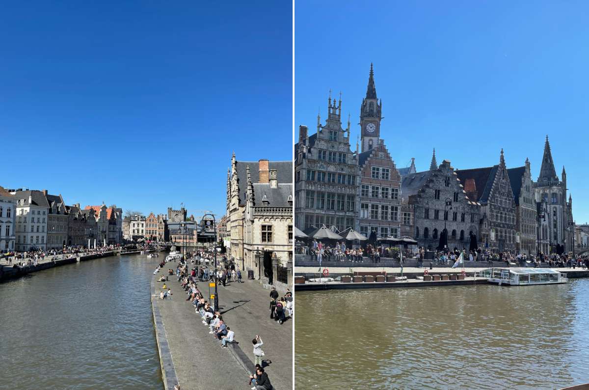 photos of Grasilei with houses and the river flowing through Ghent, Belgium, photo by Next Level of Travel