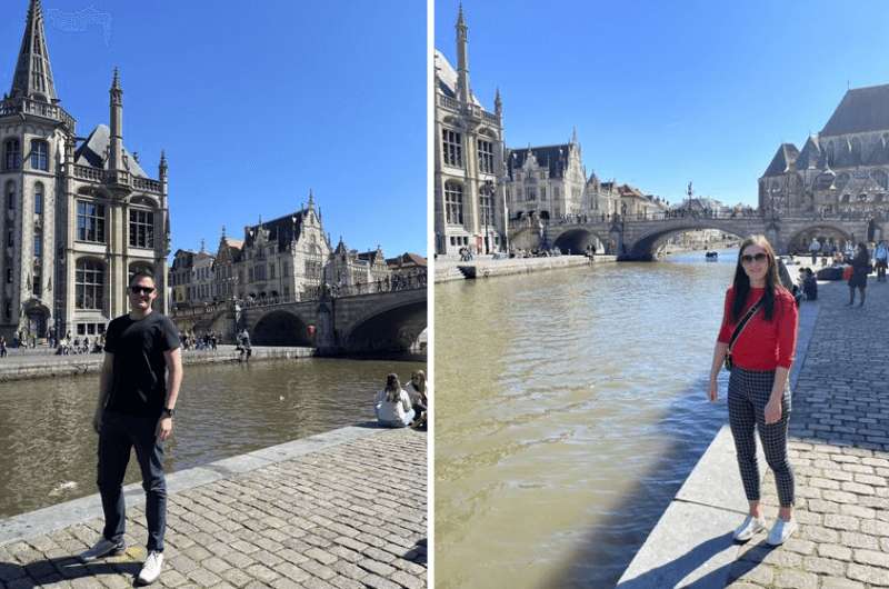 Taking photos with St. Michael’s Bridge in the background, Ghent, Belgium