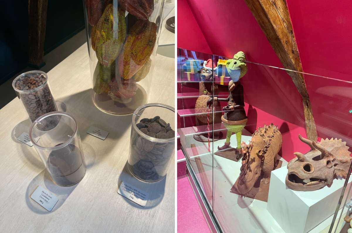 A collage of photos of cocoa beans and chocolate figurines at the Choco Story, Brussels, photo by Next Level of Travel