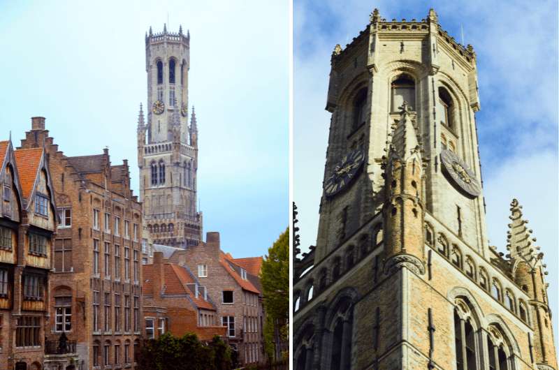 The Belfry in Bruges from far away and close up