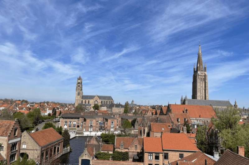 View from the De Halve Maan brewery rooftop terrace towards the Bruges city center 
