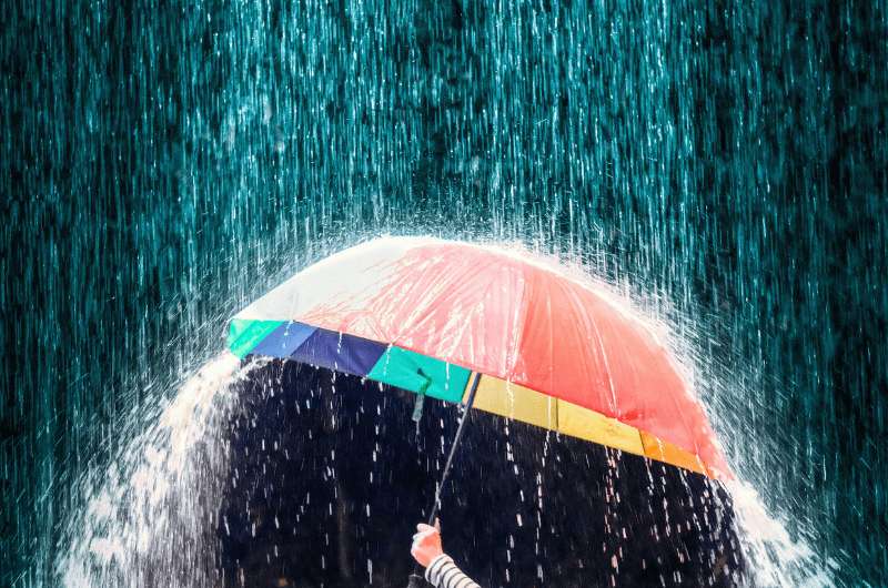 A colorful umbrella in heavy rain
