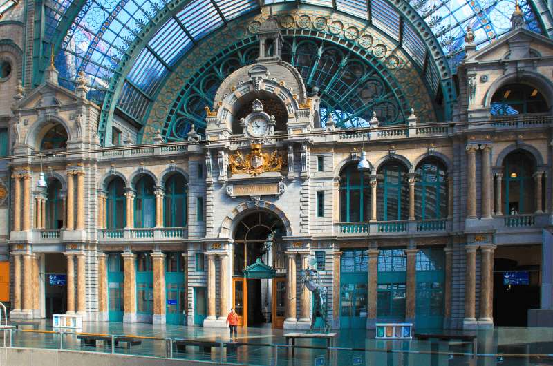 The architecture of the train station in Antwerp, Belgium