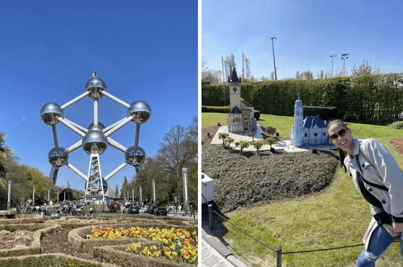 The Atomium and Mini-Europe in Brussels with clear April skies, Belgium