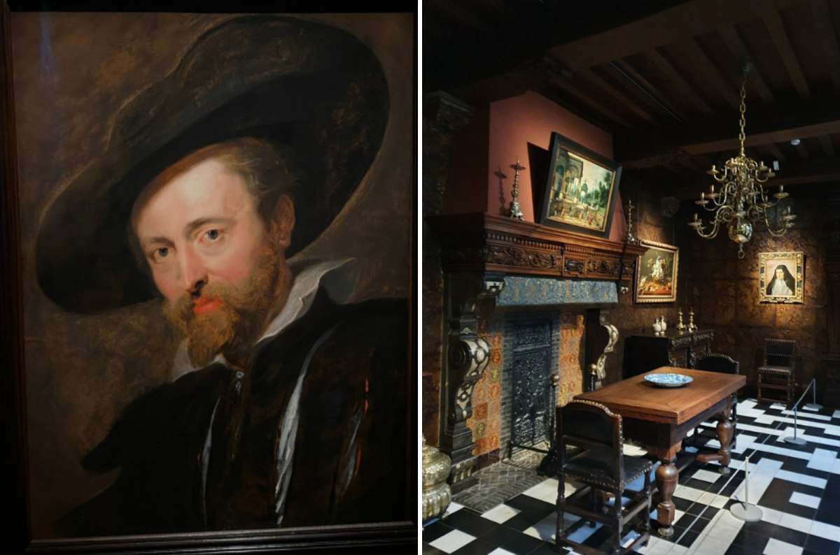 A collage of a portrait of Peter Paul Rubens and a photo of the inside of his house, Antwerp, Belgium