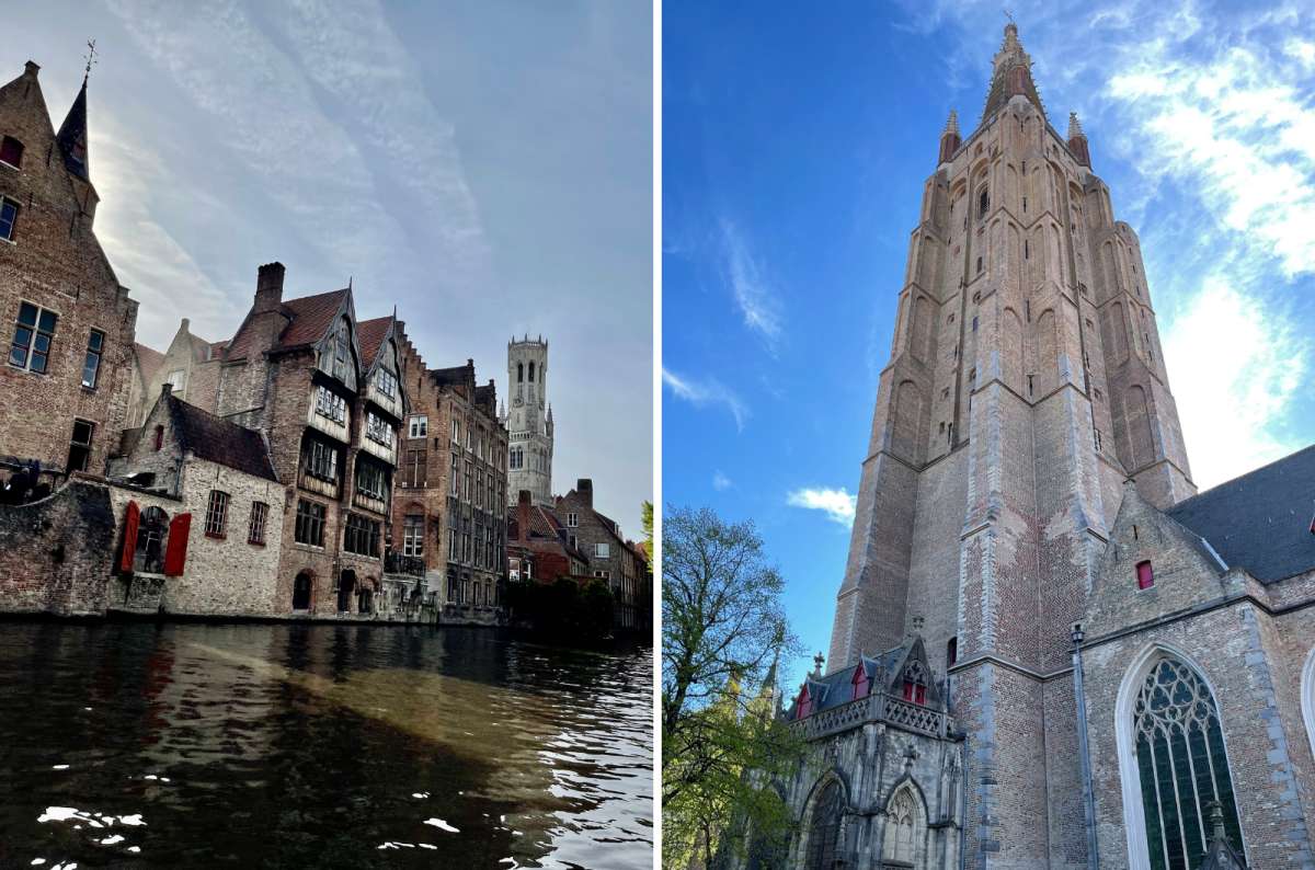 a collage of photos from Bruges with canal and the Church of our lady in center, Bruges, Belgoum, photo by Next Level of Travel