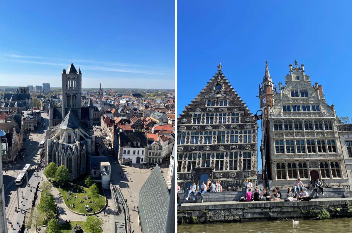a collage of photos from Ghent, displaying St. Nichola’s Church and Graslei, Ghent, Beglium, photo by Next Level of Travel