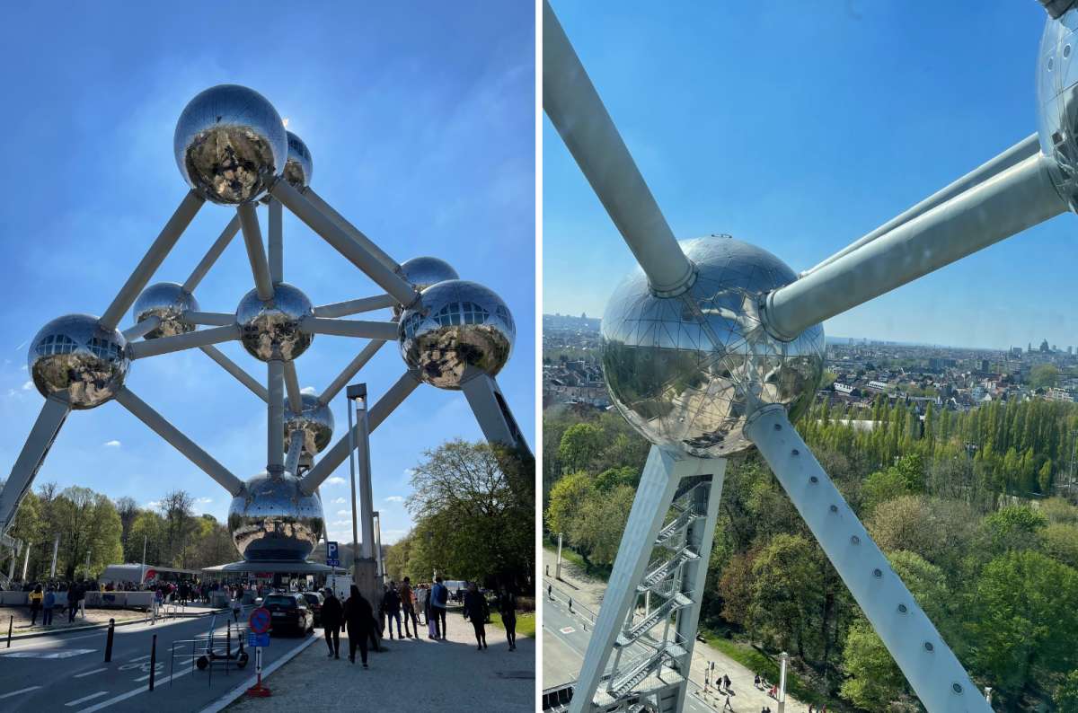 a collage of photos of the Atomium, showing the details of the tourist attraction, Brussels, Belgium, photo by Next Level of Travel