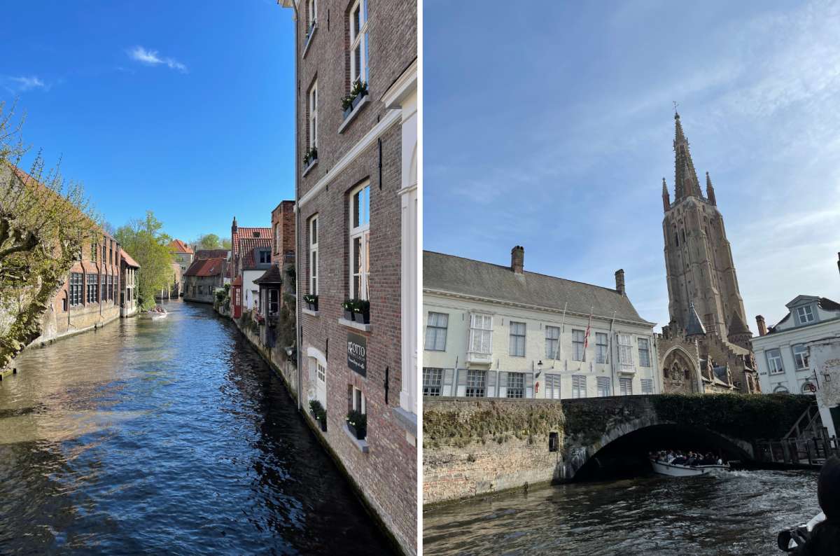 Peaceful canal with brick houses and Church of Our Lady in Bruges, photo by Next Level of Travel