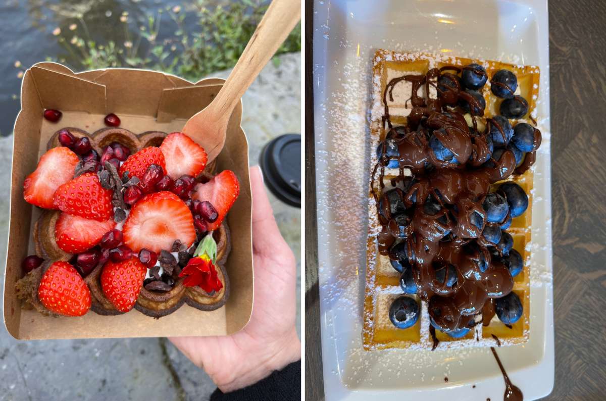 photos of Belgian waffles from Ghent and Bruges, both topped with nutella and fresh berries, Belgium, photo by Next Level of Travel