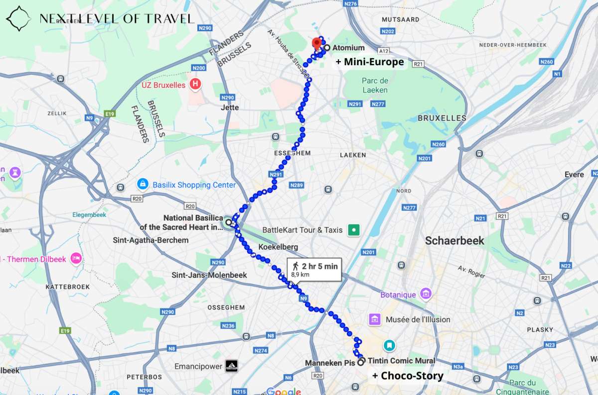 a map of the stops for the 2nd day of the Brussels itinerary, Belgium, created by Next Level of Travel 