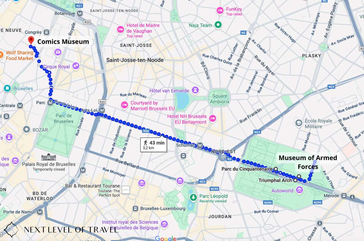 a map of the stops for the 3rd day of the Brussels itinerary, Belgium, created by Next Level of Travel 