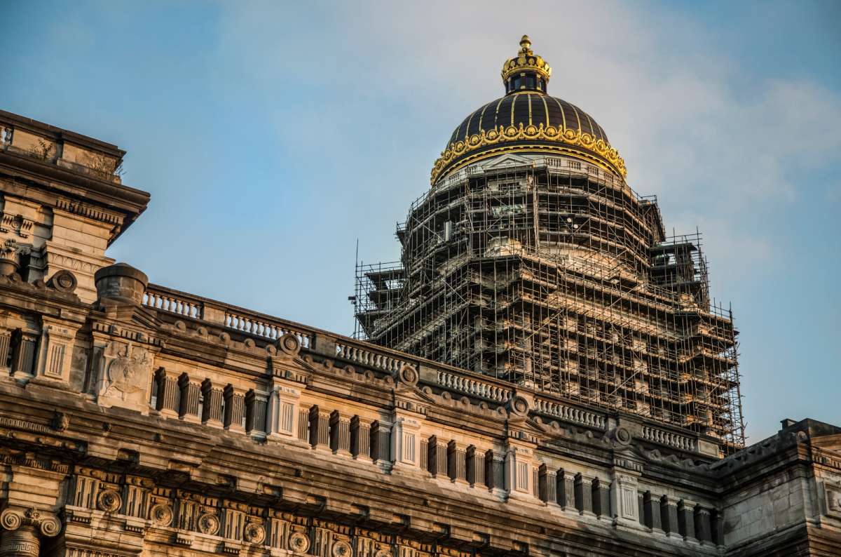 A photo of the building of the palace of justice with the dome being under reconstruction, Brussels, Belgium