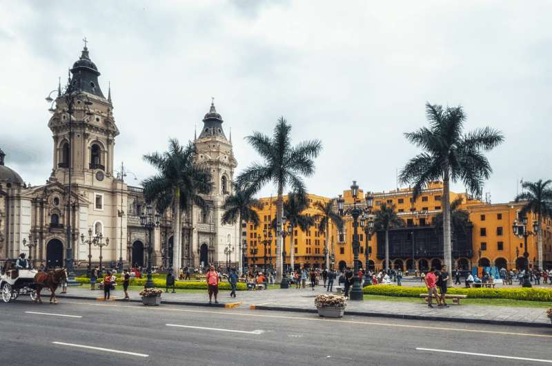 Central Lima with historical buildings and yellow facades on Plaza de Armas