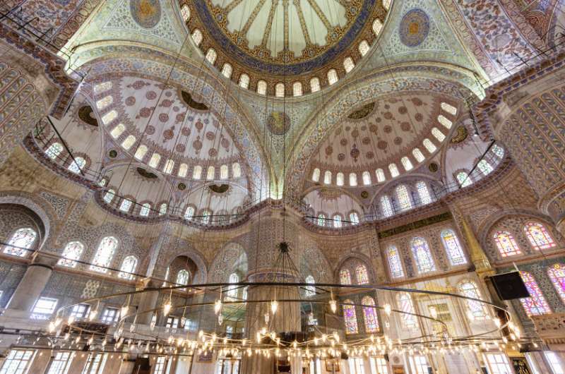 The tilework on the ceilings and walls of the Blue Mosque