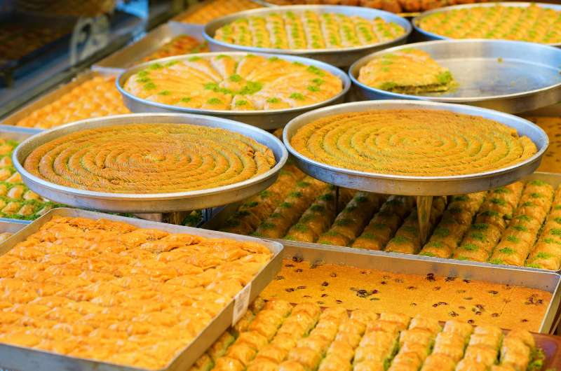 Many varieties of baklava in a pastry shop in Istanbul