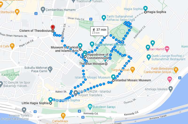 Map of day 1 of 3 days in Istanbul itinerary (Sultanahmet)