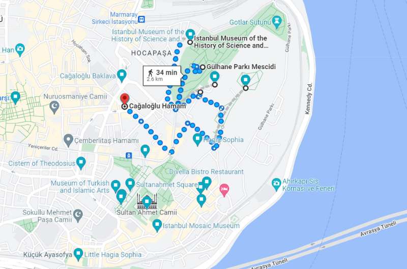 Map of day 2 of 3 days in Istanbul itinerary (Sultanahmet with Topkapi Palace)