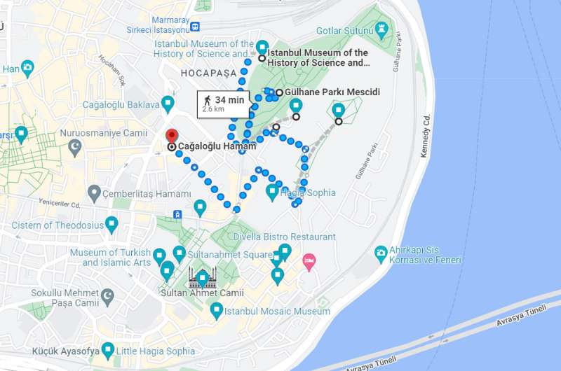 Map of day 2 of 3 days in Istanbul itinerary (Sultanahmet with Topkapi Palace)