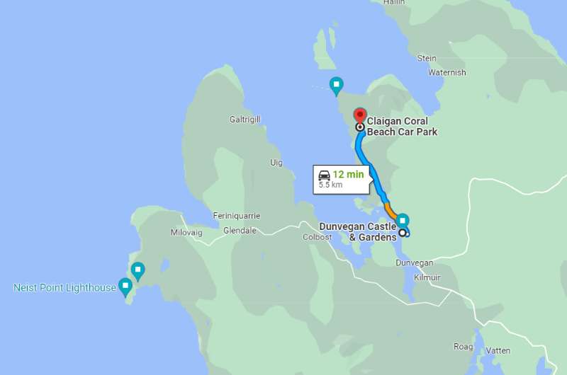 Map showing route from Dunvegan Castle to Coral Beach parking lot