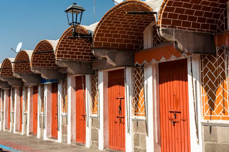 Stands made of bricks in El Parián in Puebla, Mexico