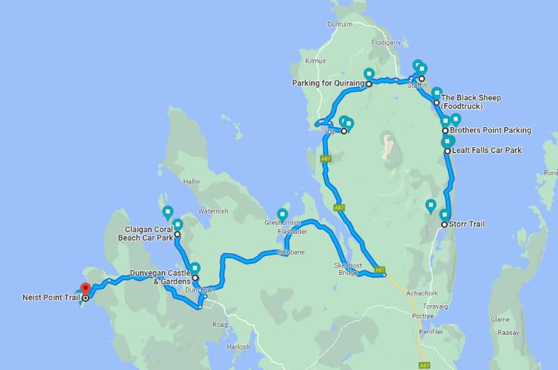 Map of Isle of Skye itinerary day 1