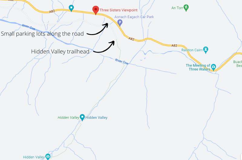 Map of Hidden Valley showing parking and trailhead, Glencoe best things to do