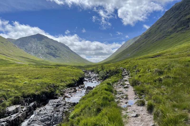 The trail in the valley on the Lairig Gartain hike in Glencoe Scotland