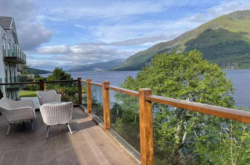 The view from the terrace of the Whispering Pine Lodge in Scotland