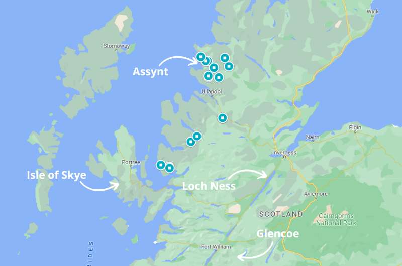 Map of the locations of the best places in Scotland’s Highlands