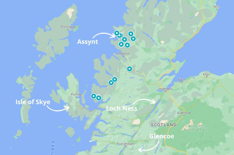 Map of the locations of the best places in Scotland’s Highlands